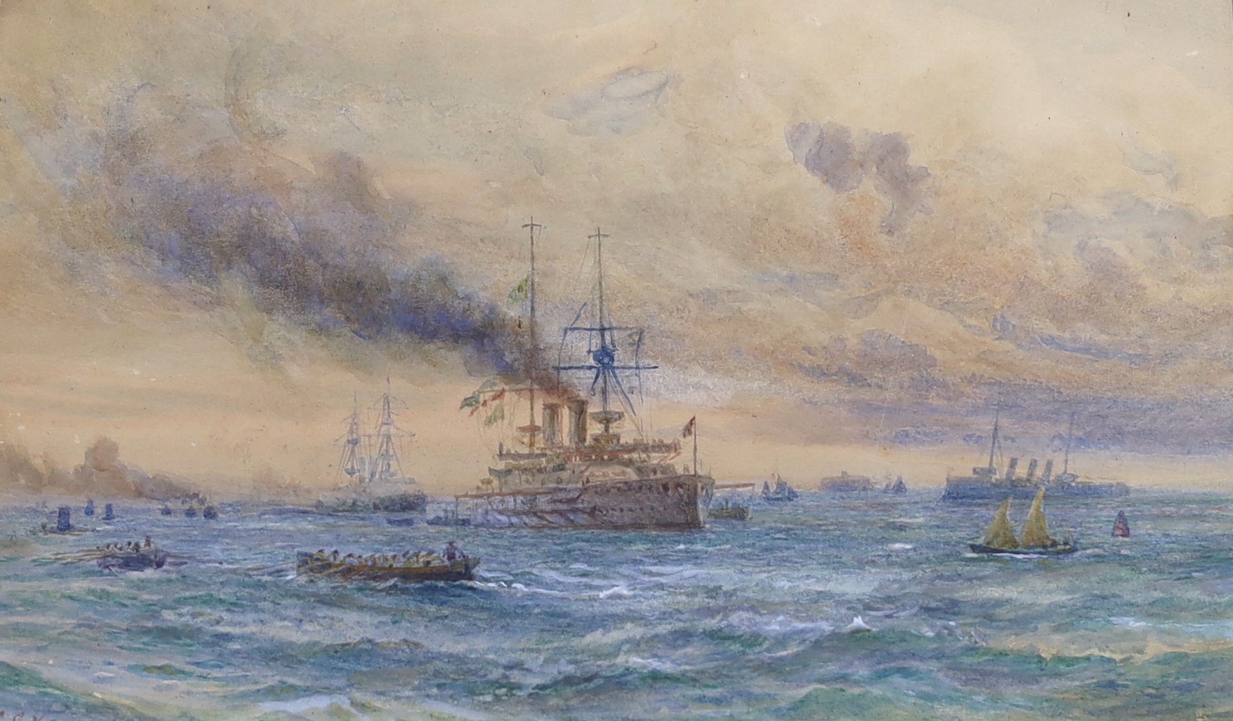 George Cochrane Kerr (1825-1907), watercolour, Naval review, signed, 29 x 17cm